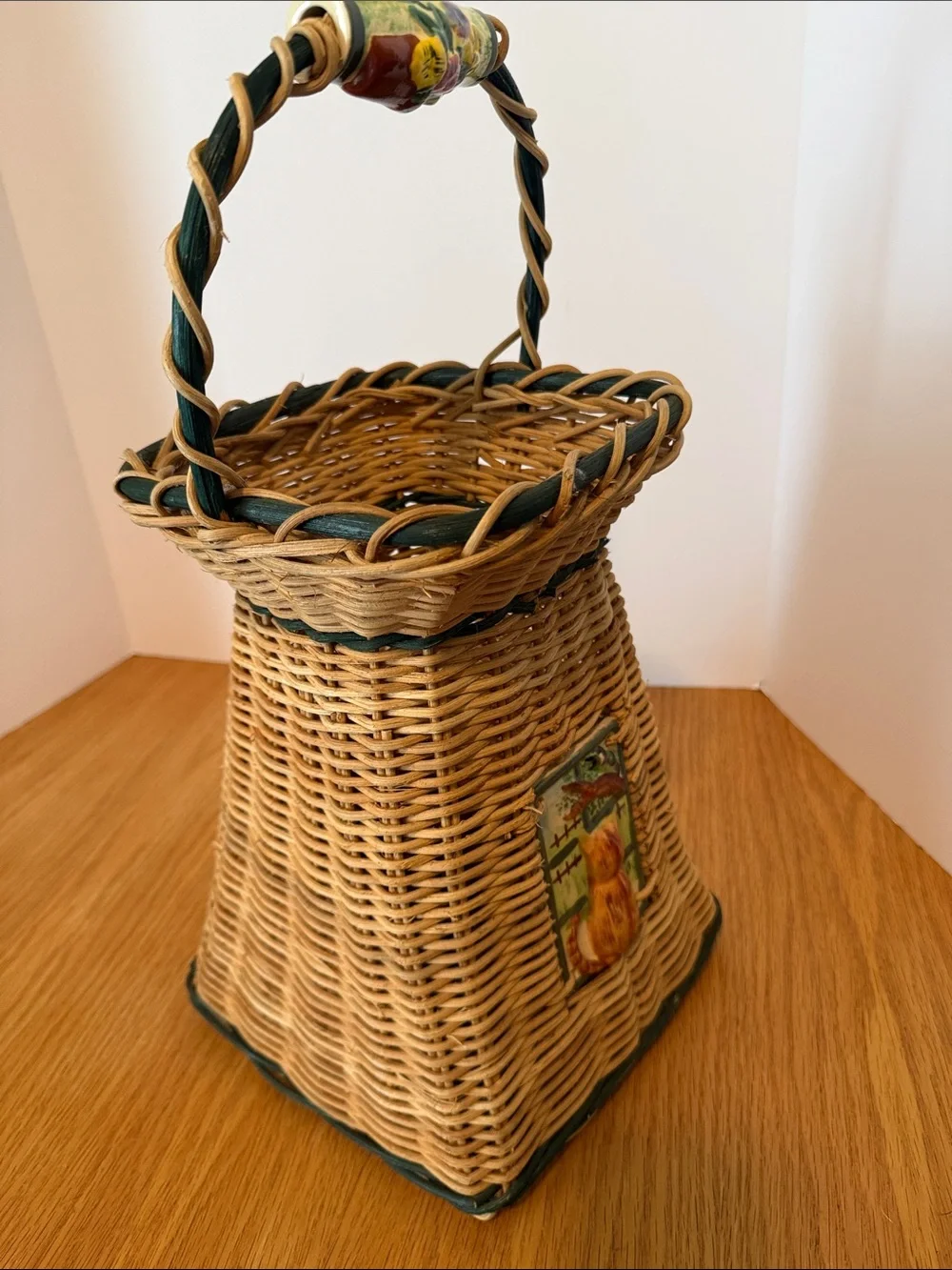 Vintage Wicker Decorative Basket with Cat Accent